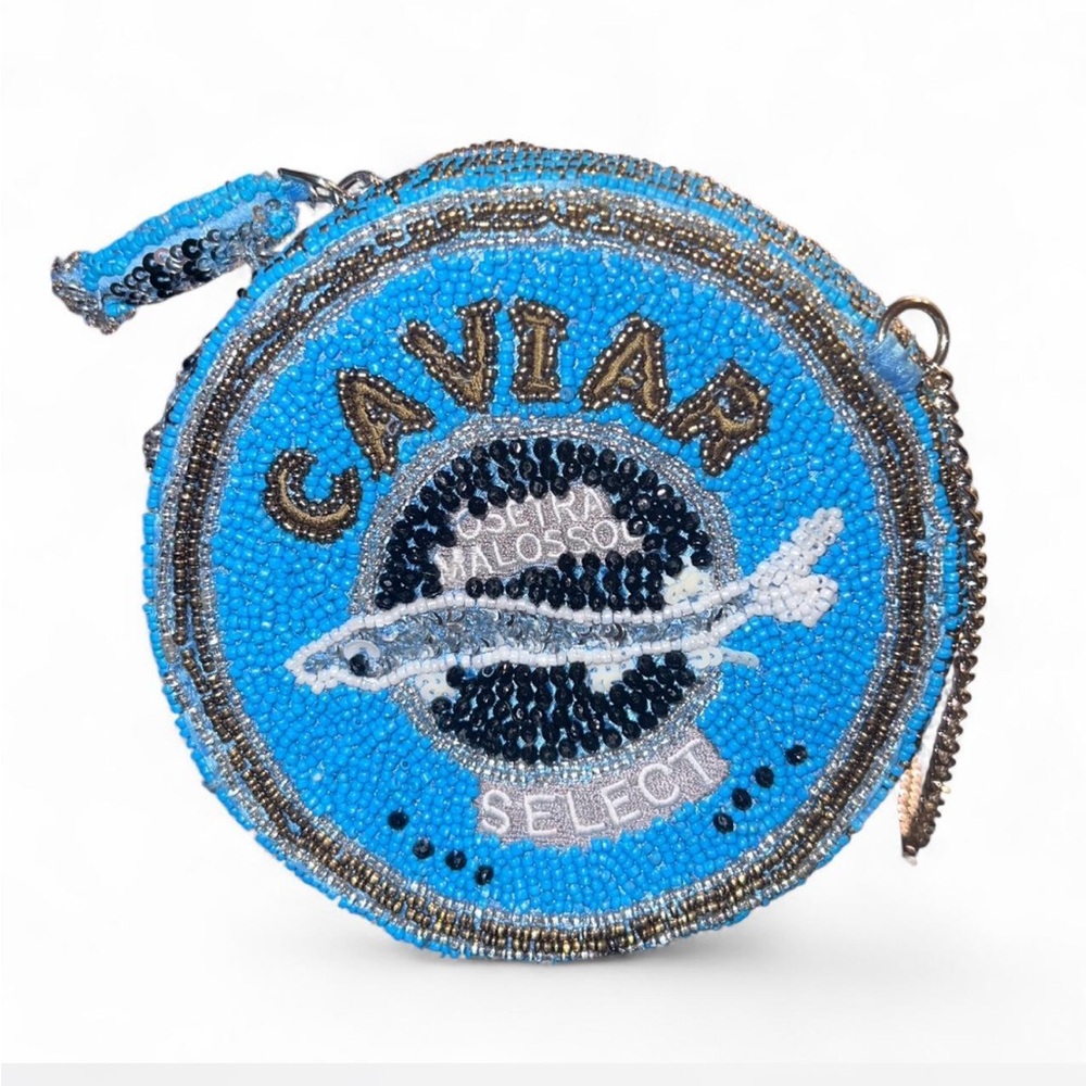 Beaded Caviar Can Crossbody Bag in Bright Blue with chain strap made in india